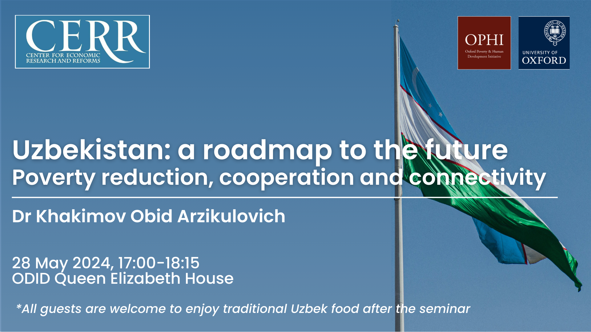 Event banner for 28 May event displaying photo of Uzbekistan's flag