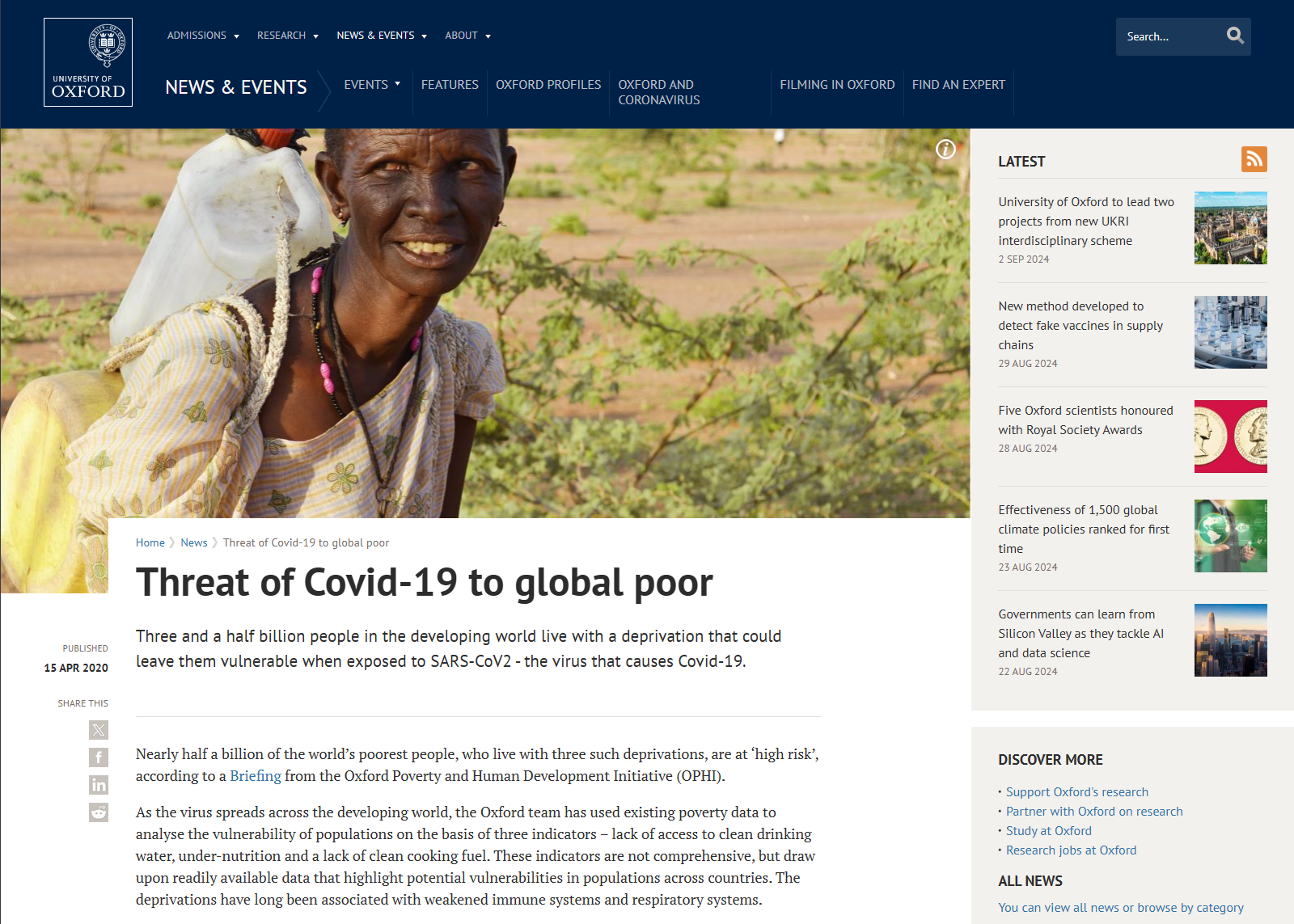 Screenshot of University of Oxford webpage featuring a woman carrying water