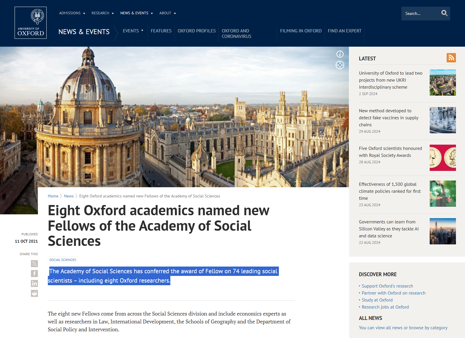 Screenshot of University of Oxford webpage featuring photo of Oxford skyline