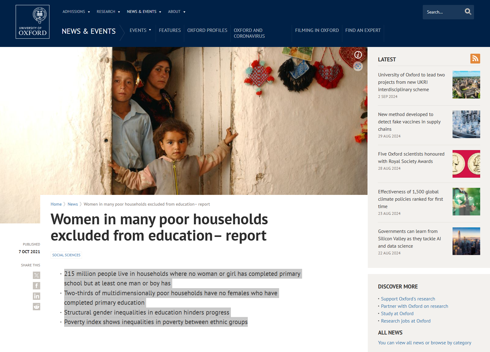 University of Oxford screenshot of webpage featuring a photo of a family in a doorway