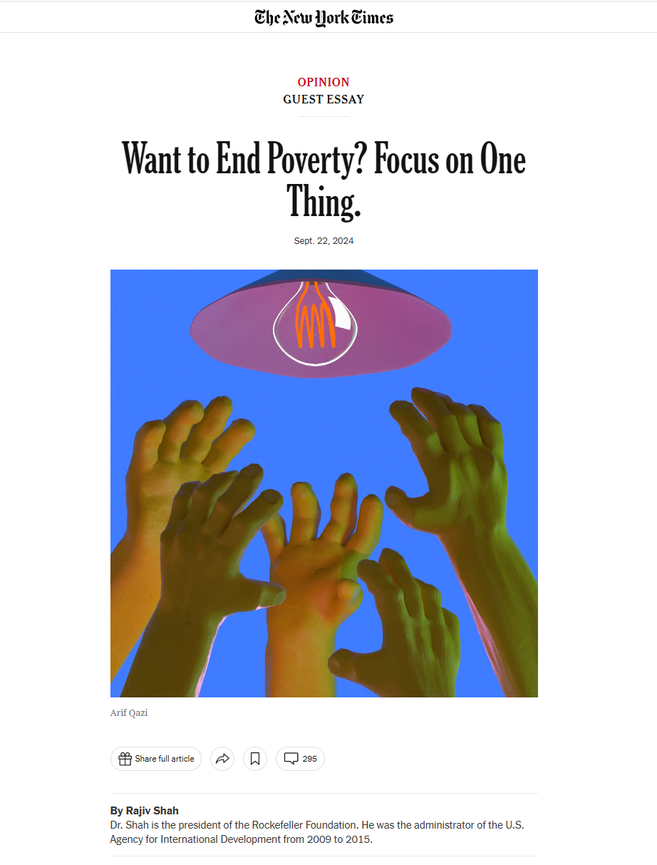 Screenshot of Op-Ed by Rajiv Shah President of Rockefeller. Image of hands reaching towards a light bulb.