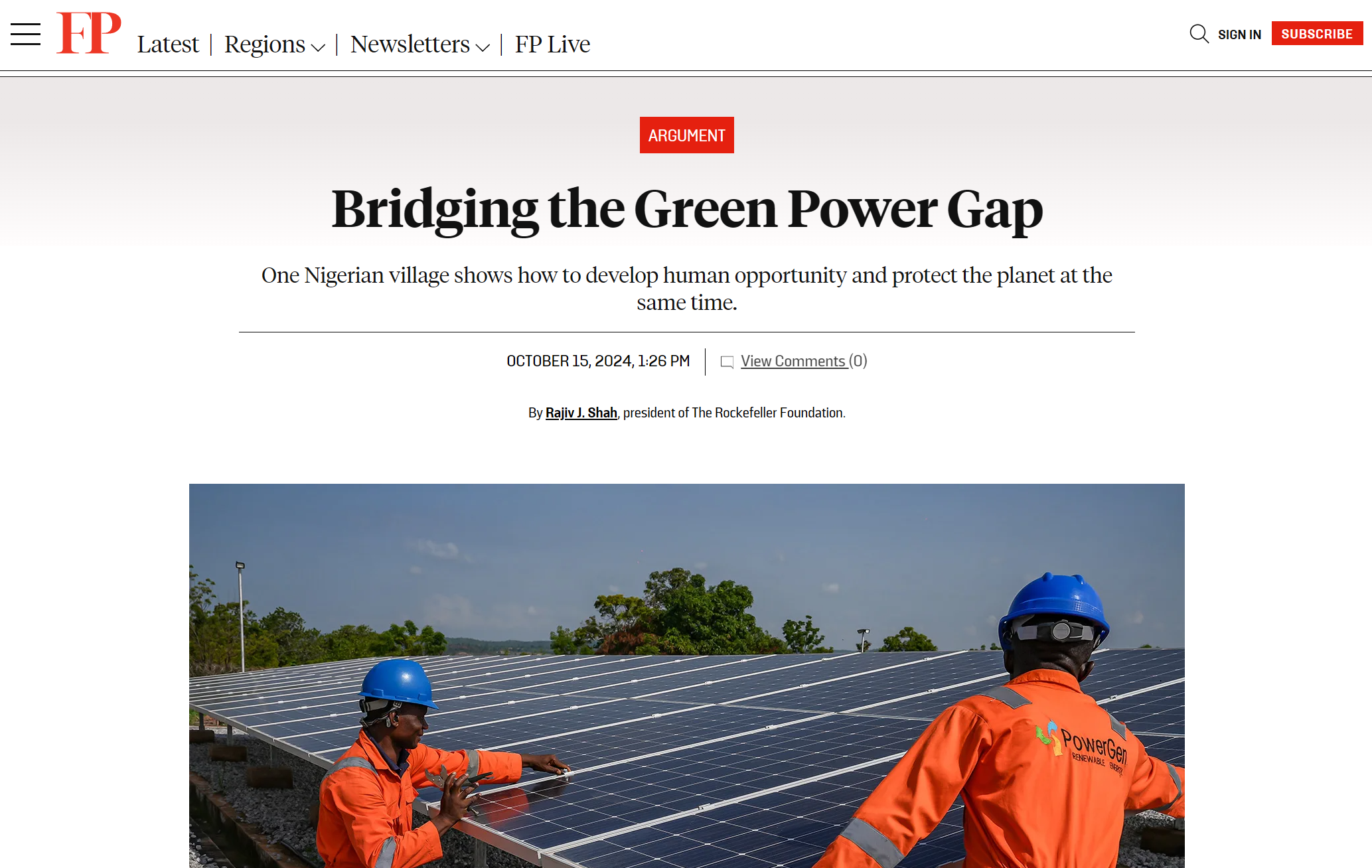 Screen shot of Foreign Policy. Picture of two workers by a solar array. 