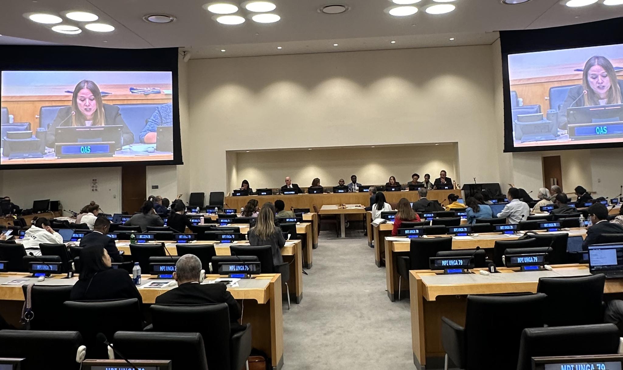 OAS speaker reading out her statement in a conference room 